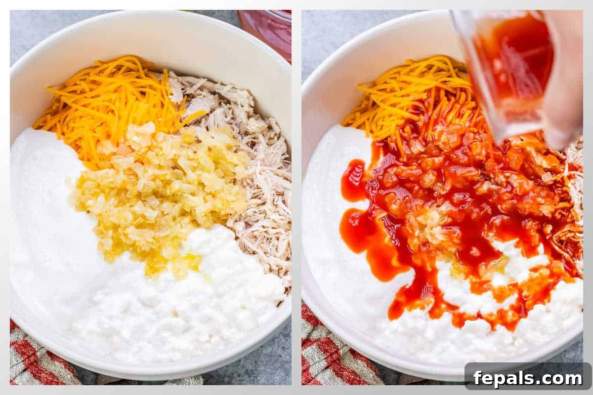 Process shots demonstrating adding shredded chicken and cheese to a large mixing bowl with other creamy ingredients like Greek yogurt and blended cottage cheese.
