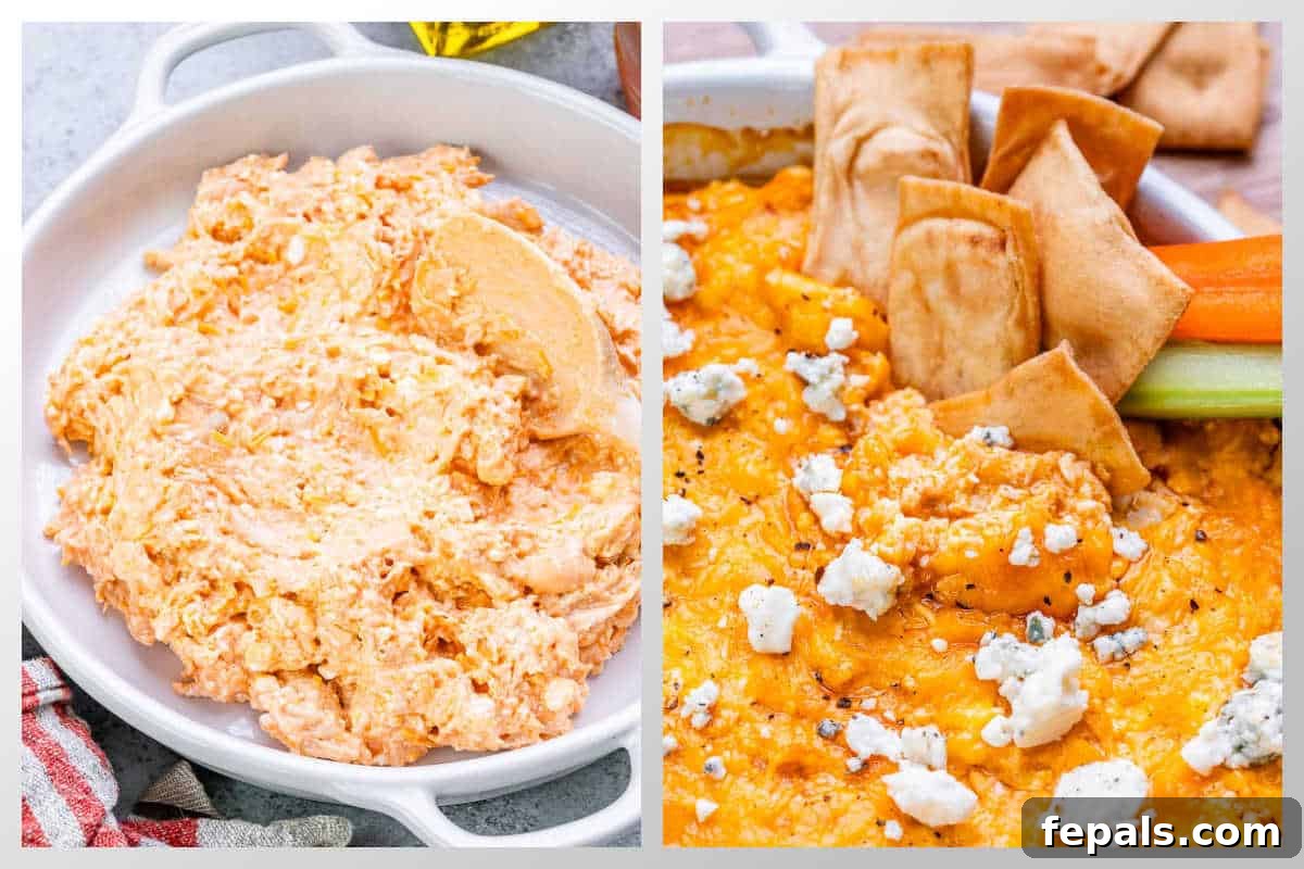 Process shot of the mixed buffalo chicken dip being transferred to a white baking dish and topped with shredded cheddar cheese before baking.