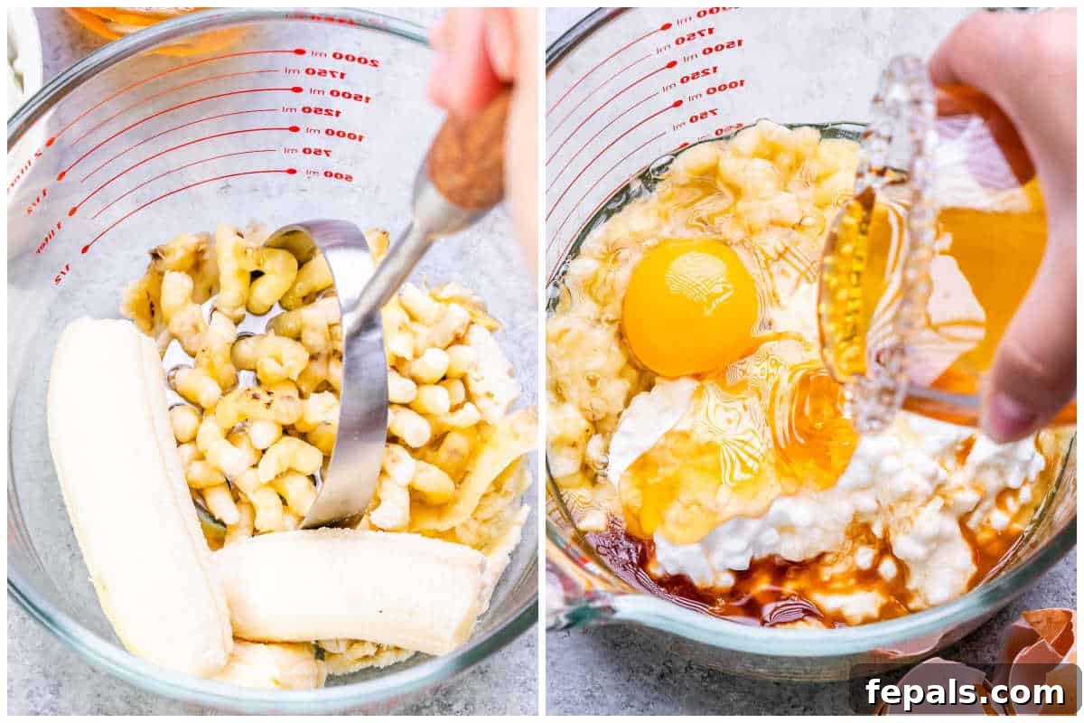 Process shot showing bananas being mashed and wet ingredients being combined in a mixing bowl for pancake batter.