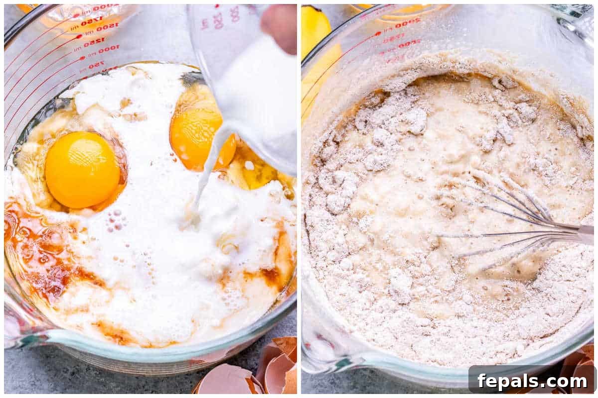 Process shot of adding milk to the pancake batter, followed by adding oat flour and mixing it in.