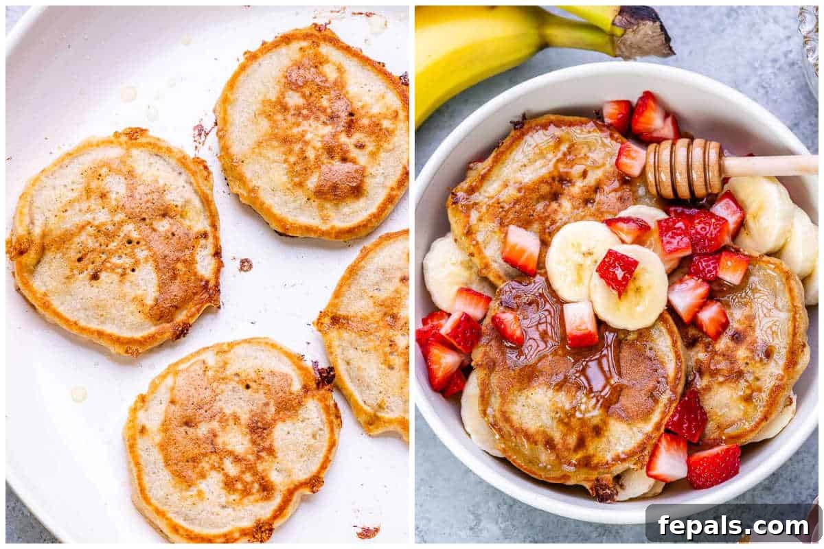 Process shot of cooking pancakes in a frying pan until golden, then serving them in a bowl with fresh strawberries and a drizzle of honey.