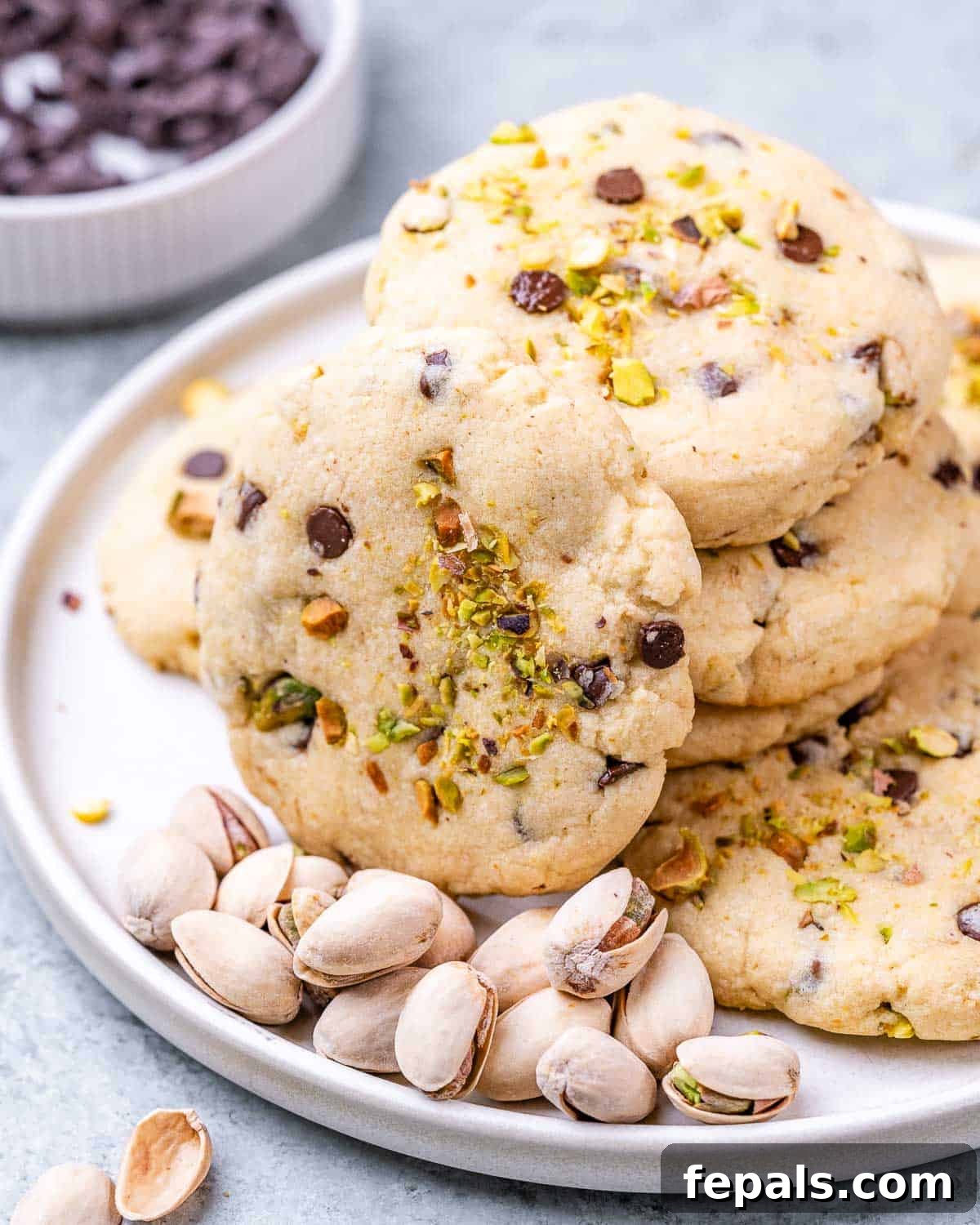 Decadent Pistachio Chocolate Chip Cookies 2 A pile of soft pistachio chocolate chip cookies on a plate with a handful of shelled pistachios scattered around the edges.
