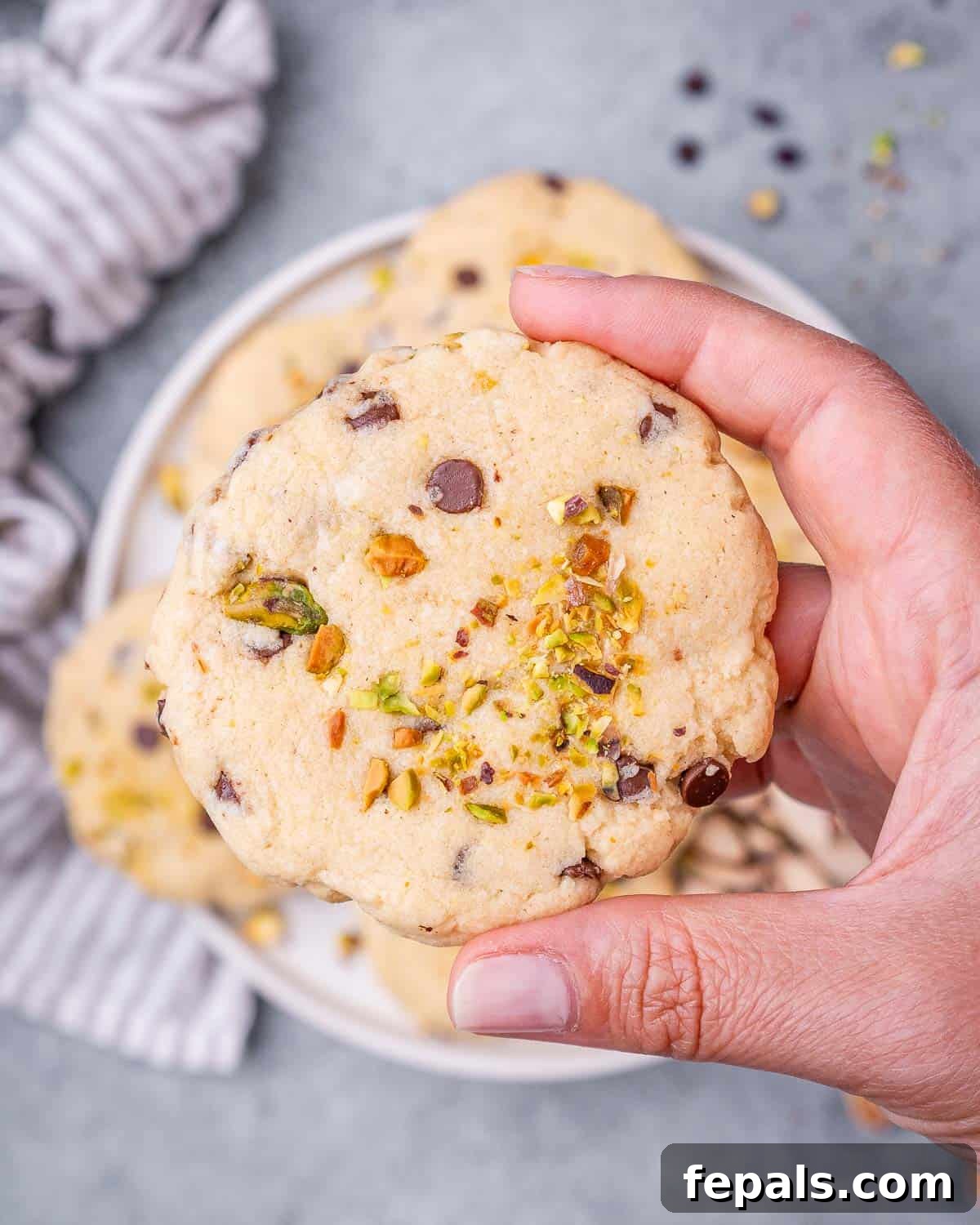 Decadent Pistachio Chocolate Chip Cookies 12 A hand holding one pistachio chocolate chip cookie, showing the soft, chewy texture with visible pistachios and chocolate chips.