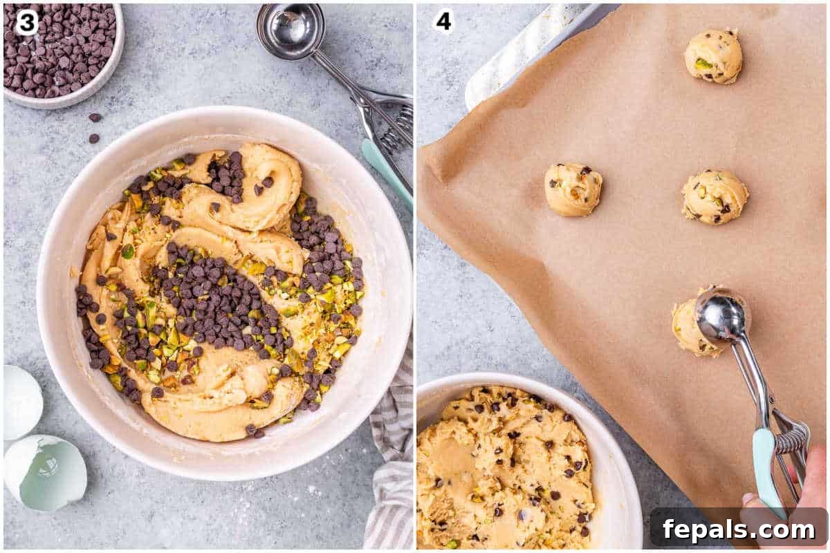 Decadent Pistachio Chocolate Chip Cookies 4 process shot to make the cookie dough and add the batter on a sheet pan.