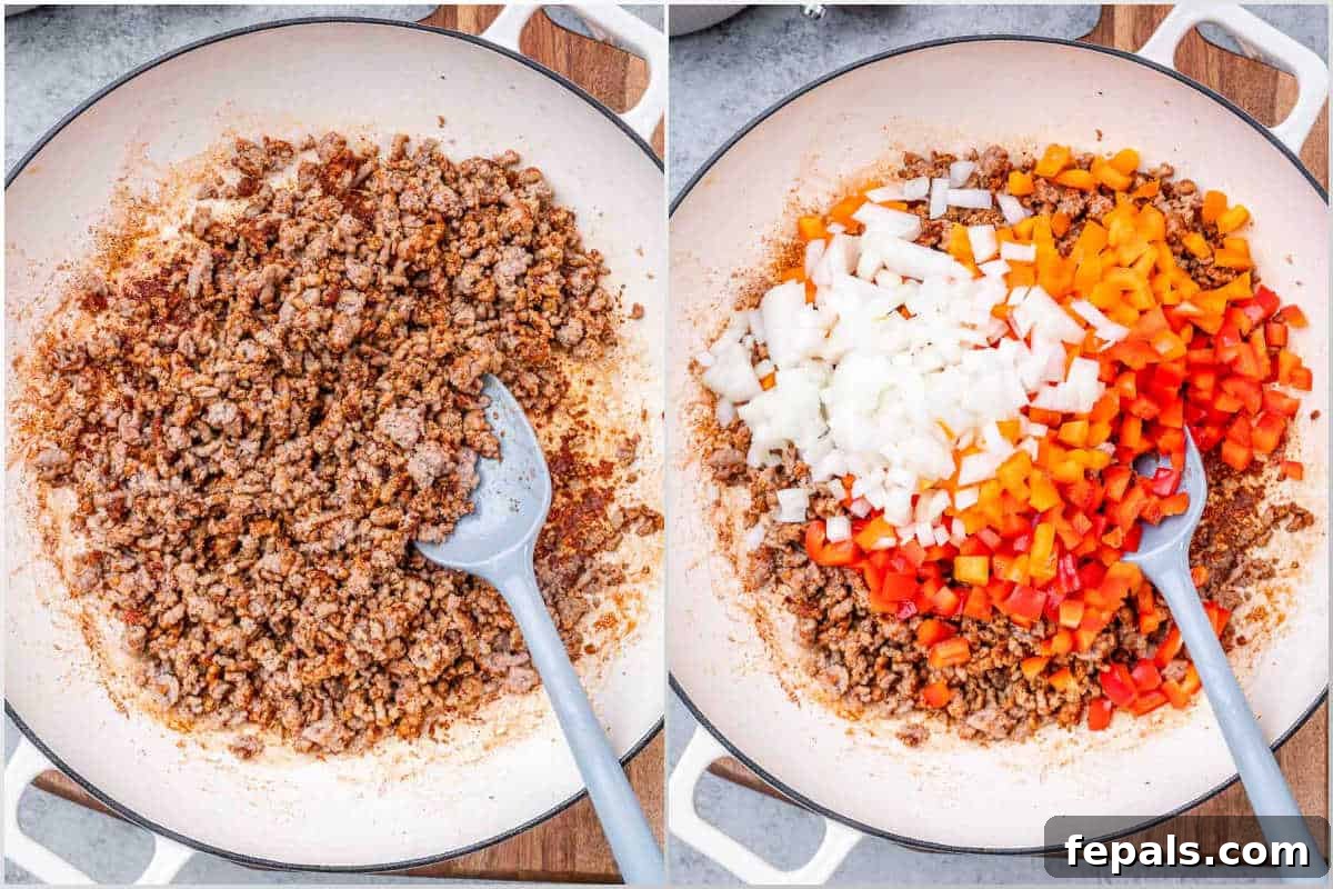 Process shots showing ground turkey browning in a skillet and chopped bell peppers and onions being added.