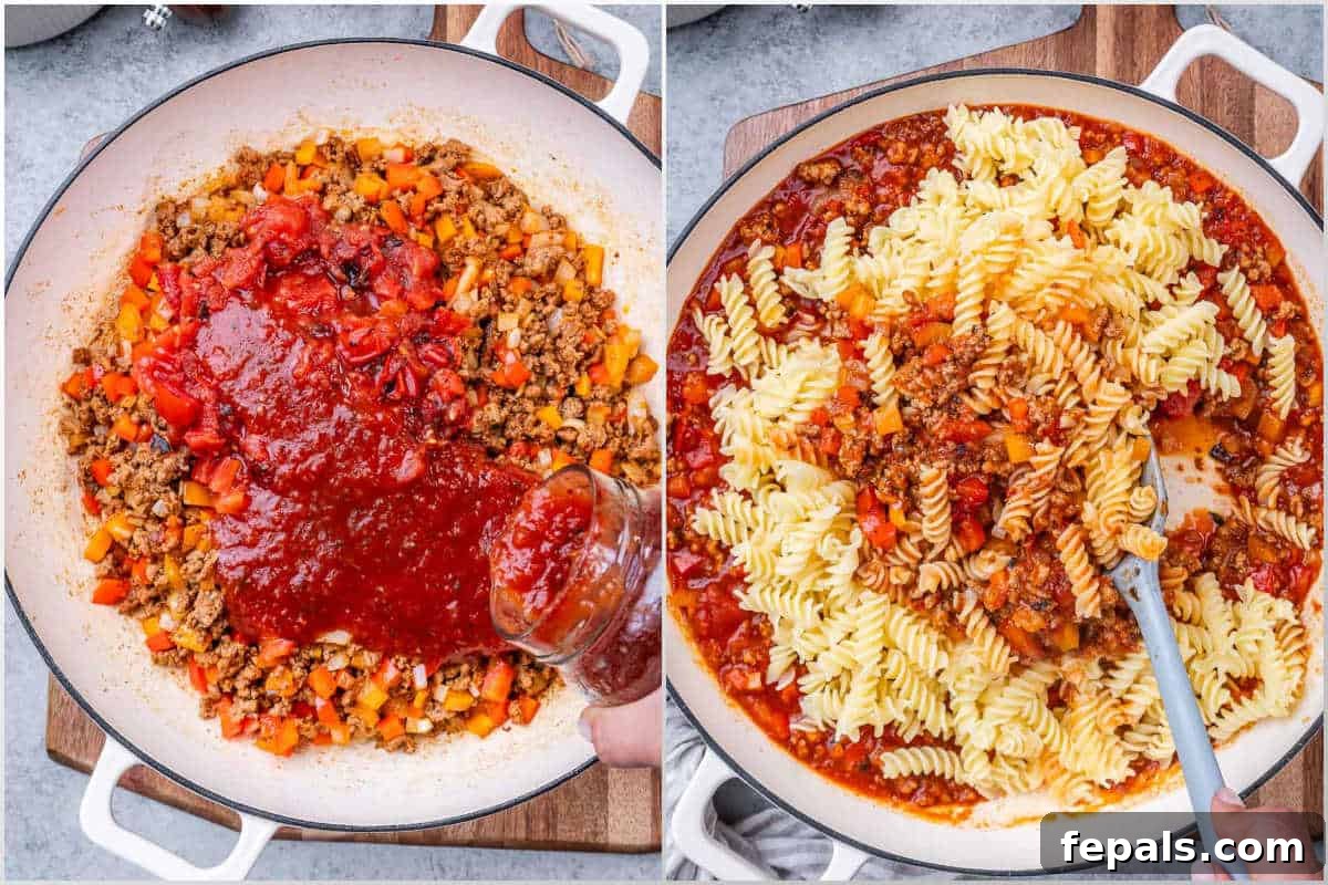 Comforting Ground Turkey Pasta 5 process shot of adding sauce to cooked ground turkey and then adding the pasta to a pan.