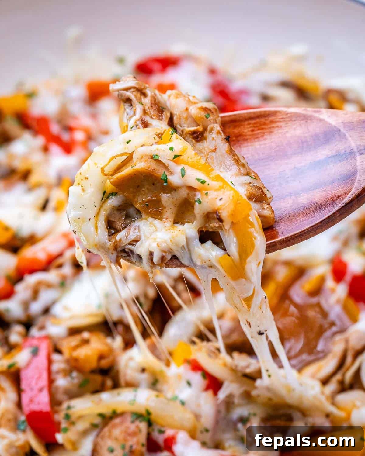 Golden Chicken Philly Melt 13 Spoonful of hot Chicken Philly mixture lifted from skillet with gooey melted cheese and tender chicken.