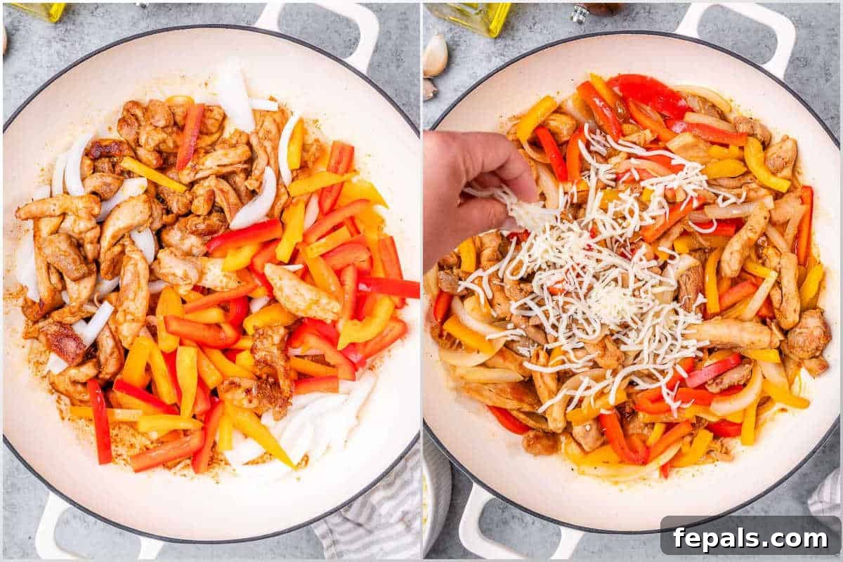 Golden Chicken Philly Melt 5 process shots of cooked chicken with bell peppers and onions in a skillet. then with shredded cheese being added over the cooked chicken.