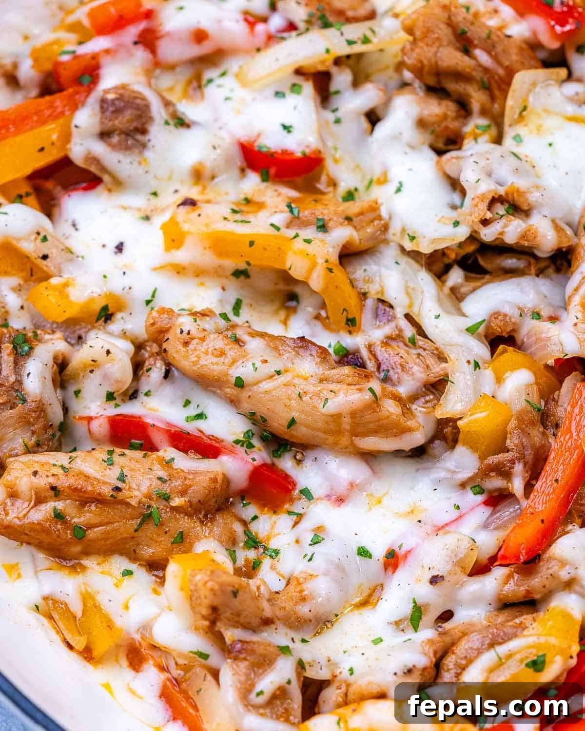 Golden Chicken Philly Melt 6 Close-up shot of cheesy Chicken Philly mixture with juicy chicken strips, bell peppers, and onions.