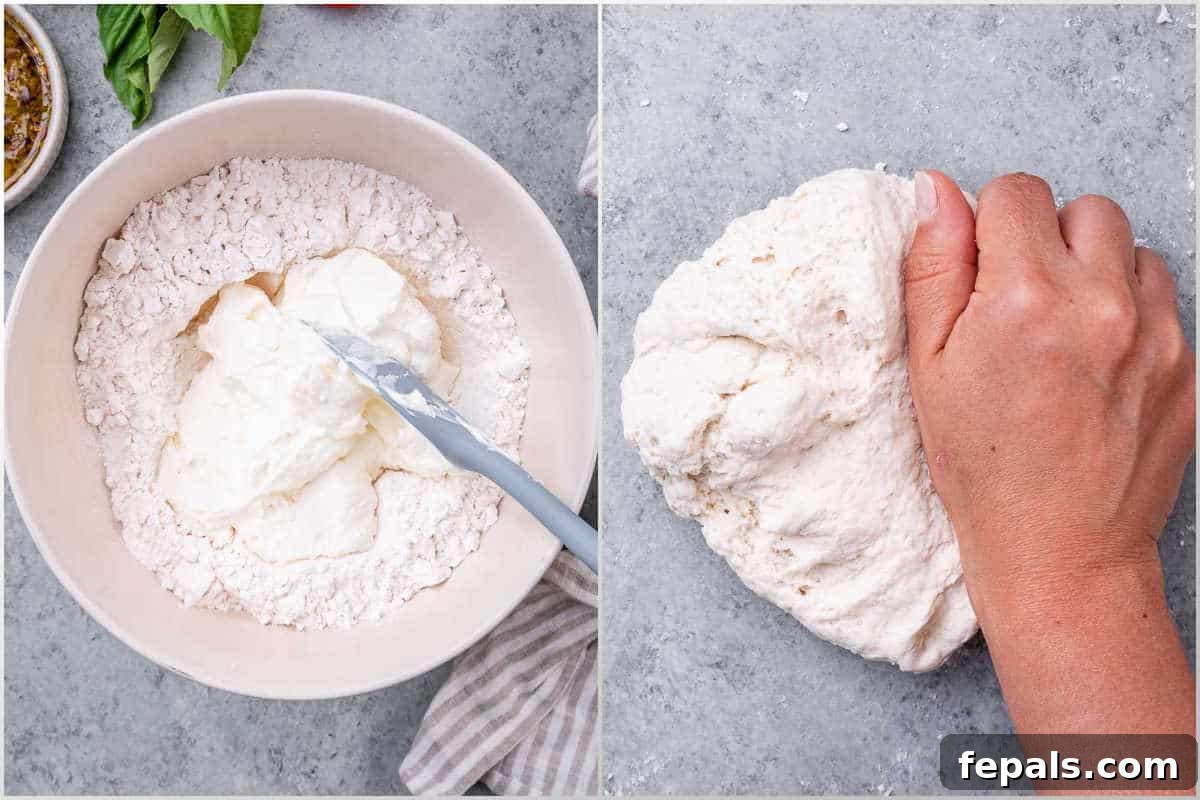 Garden-Fresh Bruschetta Pizza 4 Close-up process shot showing a hand mixing self-raising flour and Greek yogurt in a large bowl to form a crumbly pizza dough, highlighting the initial stage of dough preparation.
