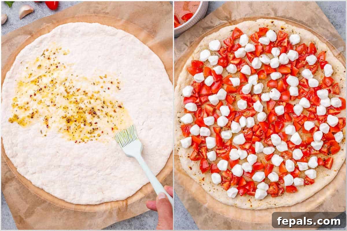 Garden-Fresh Bruschetta Pizza 5 Process image showing a hand gently kneading the self-raising flour and Greek yogurt pizza dough on a floured surface until it becomes smooth and elastic, preparing it for rolling.