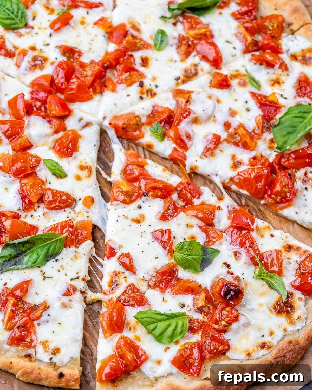 Garden-Fresh Bruschetta Pizza 6 A freshly baked Bruschetta Pizza, adorned with vibrant basil leaves and perfectly cut into slices, presented on a baking sheet. The top-down view emphasizes the golden crust and the inviting melt of cheese and tomatoes.