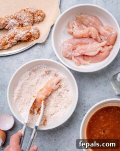 Raw chicken tenders next to bowls of buffalo sauce and breading station, ready to be dipped and coated.