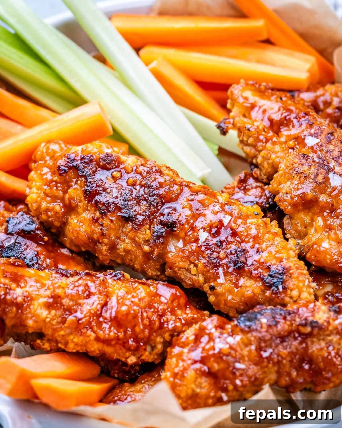 Zesty Air Fried Buffalo Chicken Strips 15 Close-up of crispy, saucy buffalo chicken tenders with celery and carrots, showing glossy texture and deep color.