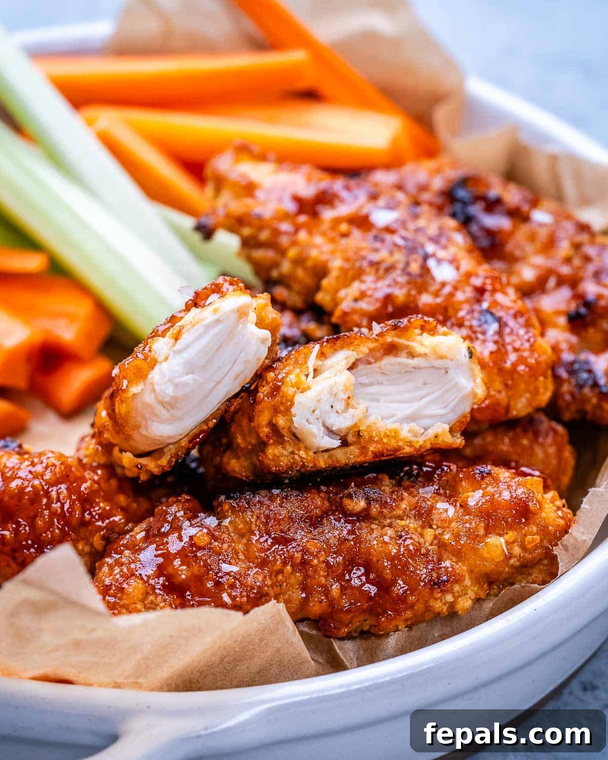 Zesty Air Fried Buffalo Chicken Strips 3 Cooked buffalo chicken tender with a bite taken out, showing juicy white interior, surrounded by celery and carrot sticks.