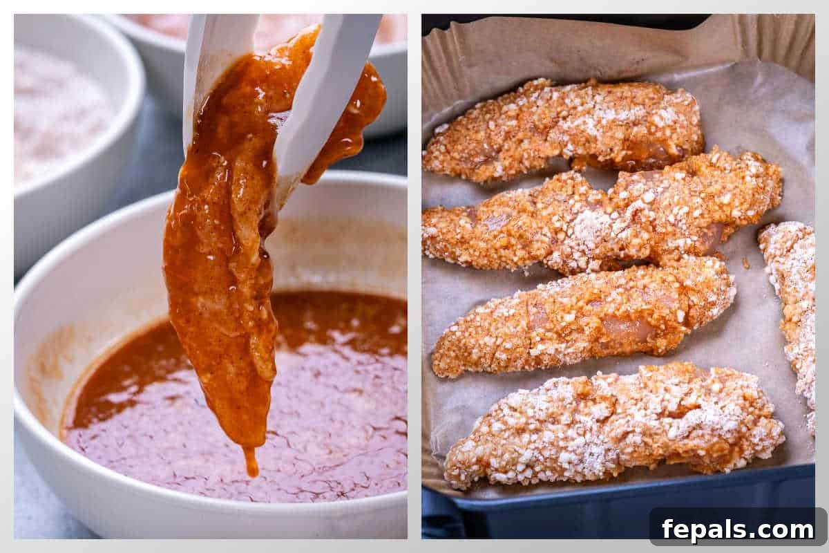 Zesty Air Fried Buffalo Chicken Strips 6 process shot to coat the chicken tender with sauce.