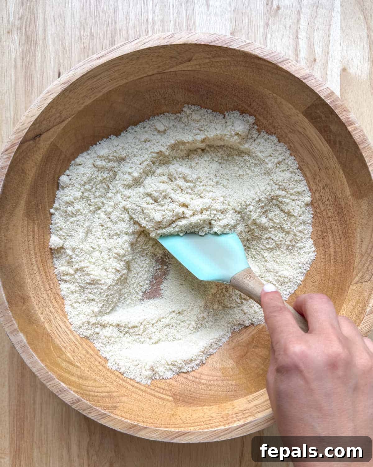Low-Carb Almond Bagels 5 A spatula gently mixing the dry almond flour ingredients in a bowl.