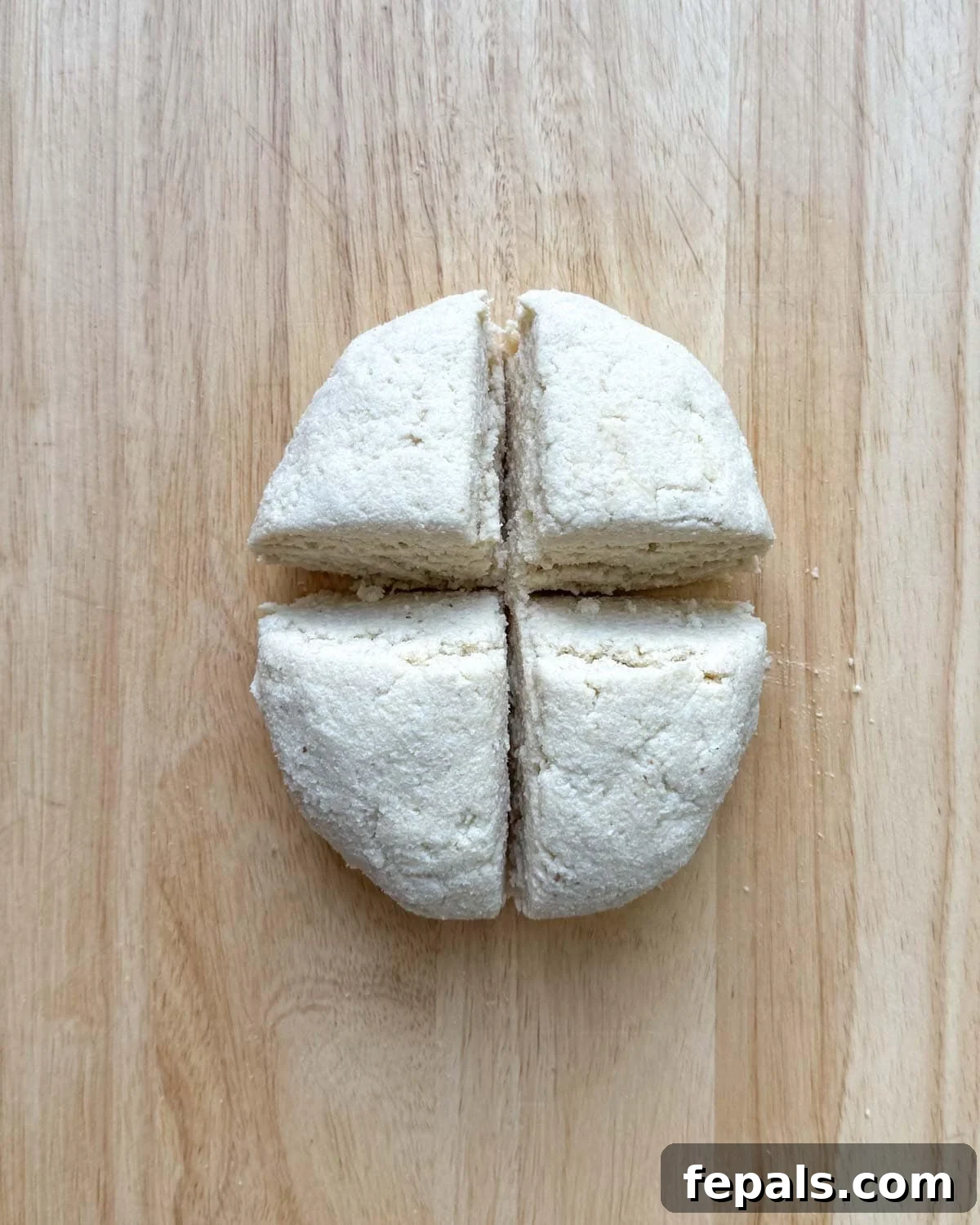 Low-Carb Almond Bagels 8 Bagel dough divided into four equal sections on a cutting board.