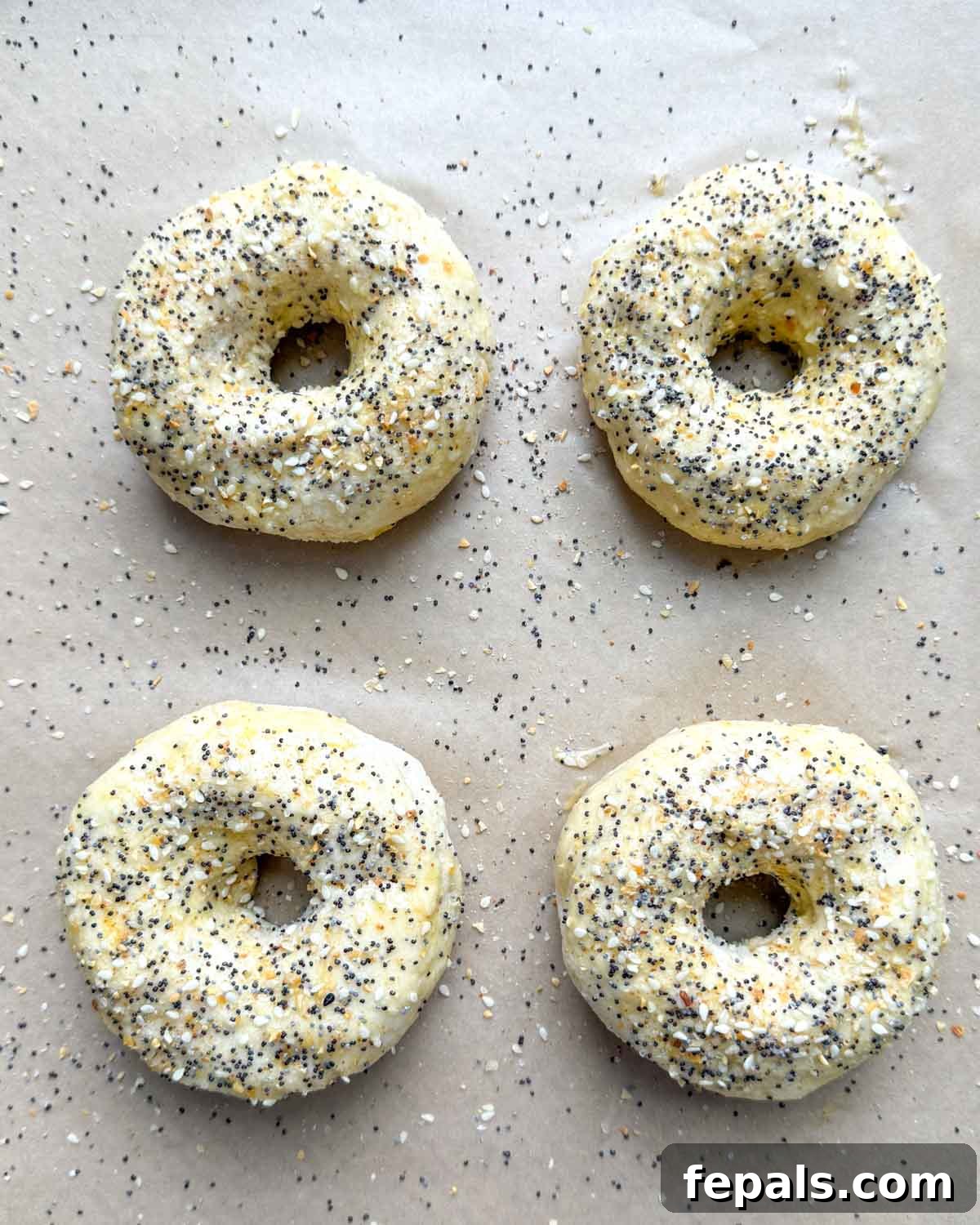 Low-Carb Almond Bagels 10 Uncooked almond flour bagels arranged on a parchment-lined baking sheet, topped with everything bagel seasoning.