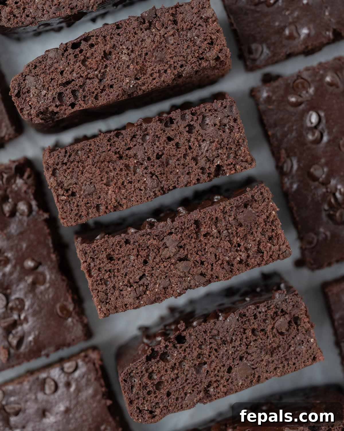 Secret Ingredient Greek Yogurt Brownies 2 Rows of evenly cut brownies topped with melted chocolate chips, arranged neatly on parchment.