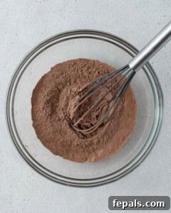 Dry ingredients including flour with the cocoa powder, salt, and baking soda being whisked together in a glass bowl.