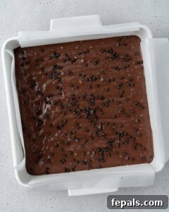 Brownie batter spread evenly in a lined square baking pan, topped with chocolate chips before baking.