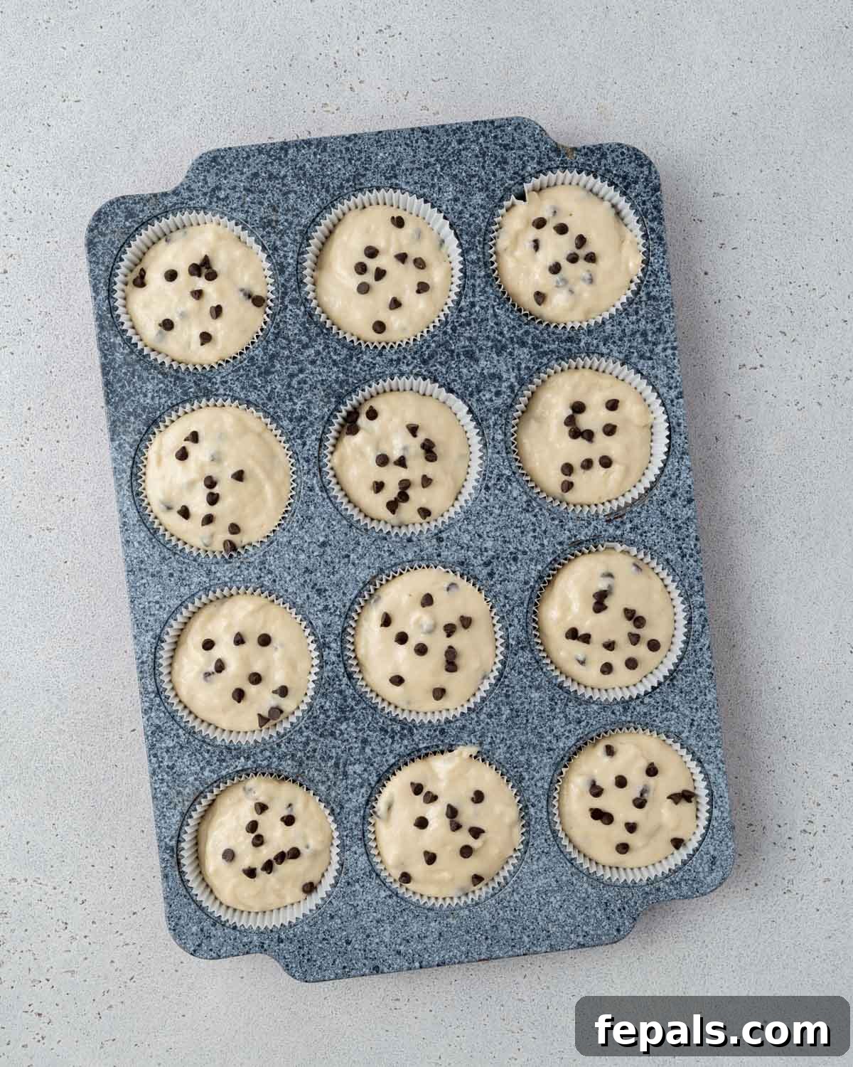 Muffin tin filled with raw batter, each cup topped with a few chocolate chips before baking.