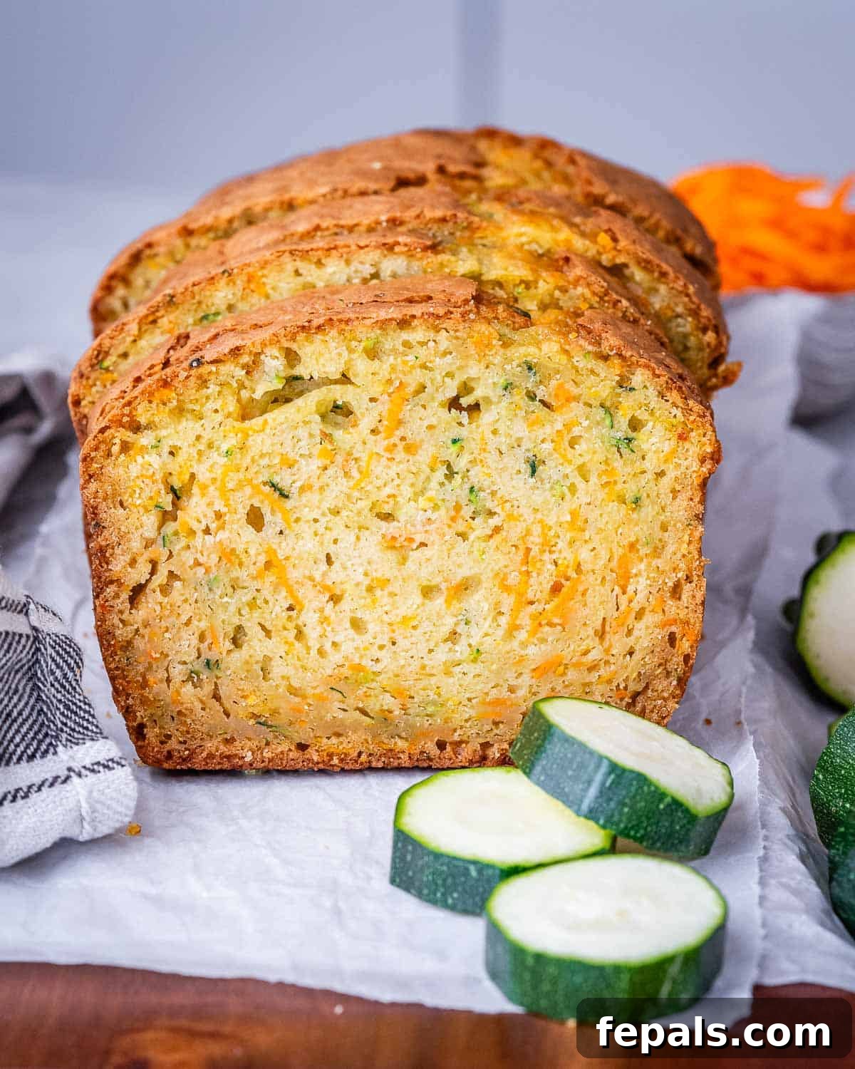 Moist Zucchini Carrot Loaf 2 Close-up of a perfectly baked, golden-brown zucchini carrot bread loaf, resting on a light gray surface, with fresh zucchini slices artfully placed beside it. The bread shows a tender crumb and visible specks of grated vegetables.
