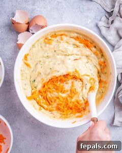 Moist Zucchini Carrot Loaf 11 Bowl of batter with yogurt and oil just folded in, surrounded by eggs and carrots.