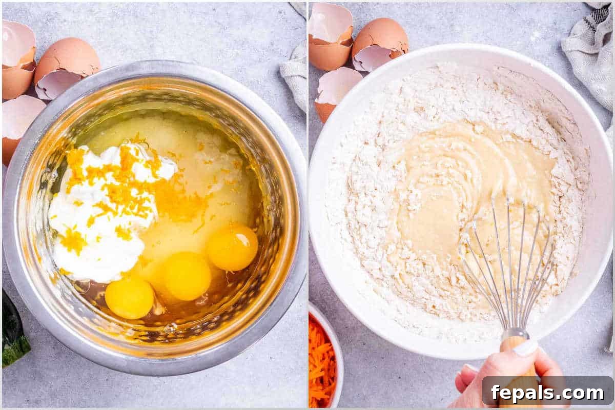 Moist Zucchini Carrot Loaf 3 Process shot showing the initial step of mixing wet ingredients. A bowl contains eggs, Greek yogurt, vegetable oil, and vanilla extract, with an orange and grater nearby for zest. The mixture is ready for whisking.