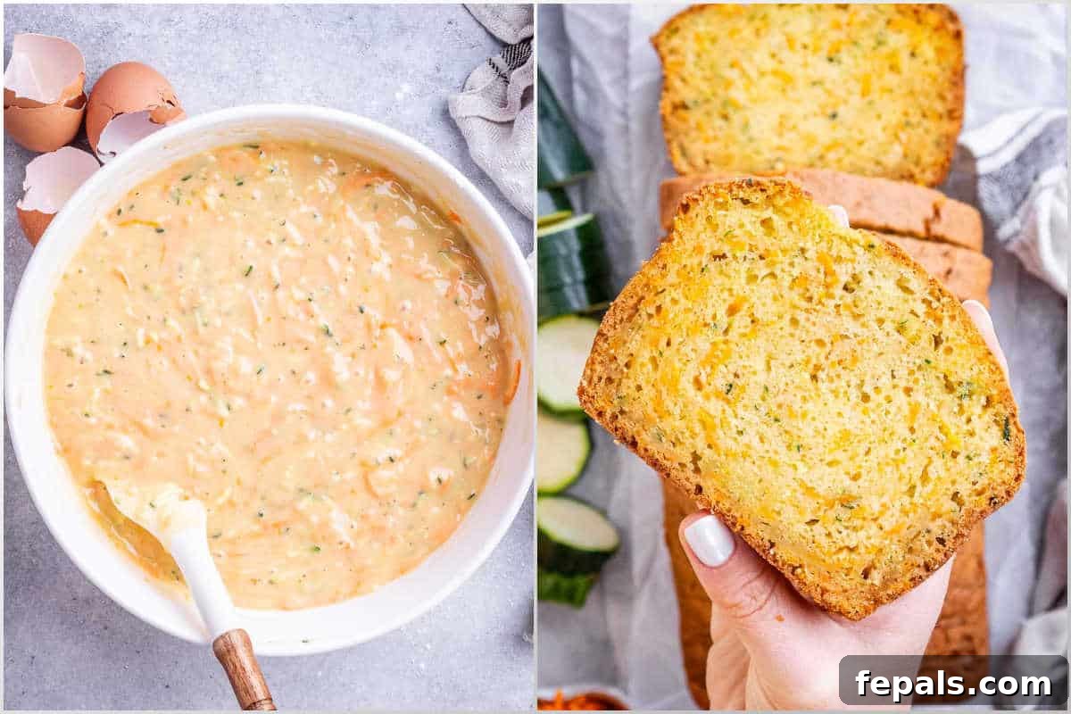 Moist Zucchini Carrot Loaf 5 Process shot of a vibrant zucchini and carrot bread batter in a mixing bowl, ready to be transferred to the loaf pan, with a hand holding a slice of the finished bread in the foreground, highlighting its appealing texture.