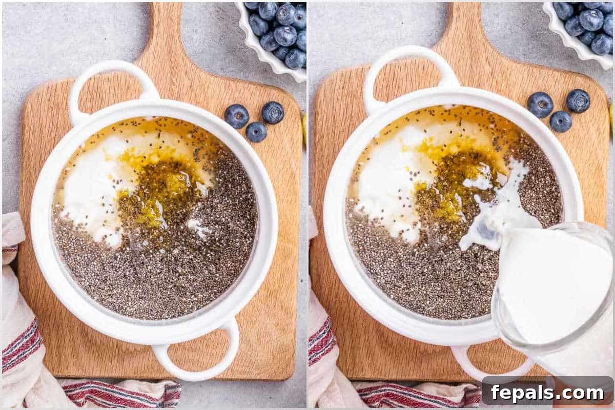 Process image of mixing chia with milk and honey in a white bowl, with lemon and blueberries nearby.