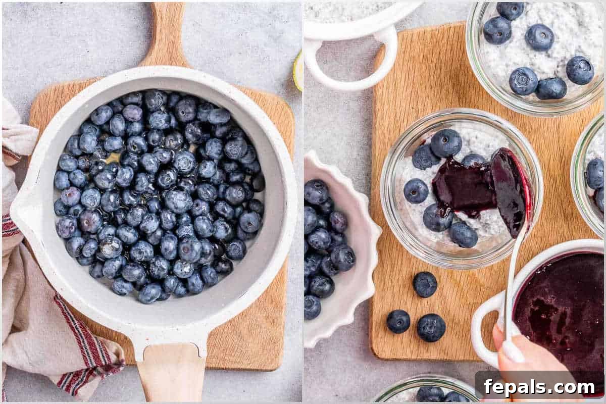Process shot of making the blueberry sauce in a saucepan on a stovetop.