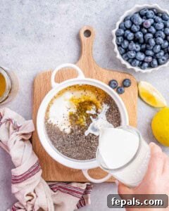 Overhead shot of chia seeds, yogurt, lemon juice, and other ingredients being combined in a mixing bowl.