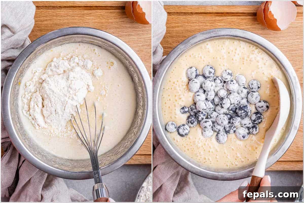 Lemon Blueberry Bliss Bundt 5 process shot to mix the flour with the wet batter and add blueberries to the batter.