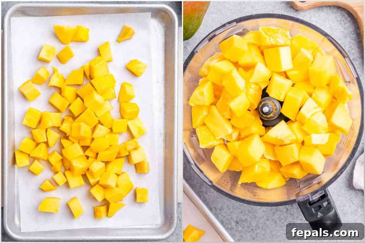 Tropical Mango Sorbet 4 Process shot of freezing mango chunks spread on a baking sheet, followed by adding them to a food processor with honey and lime juice.