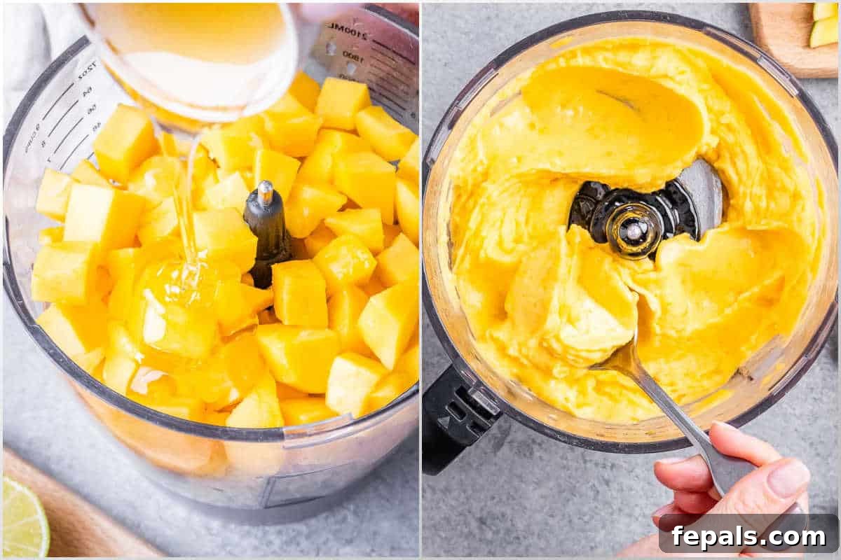 Tropical Mango Sorbet 5 Process of adding honey and lime juice over frozen mangoes in a food processor and then blending the mixture until smooth.