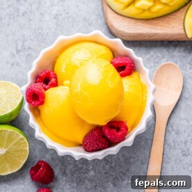 Mango sorbet in a bowl topped with raspberries.