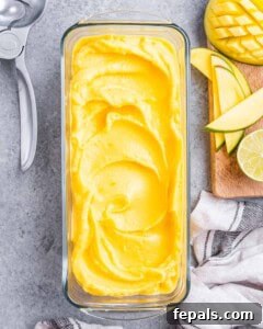 A rectangular bowl filled with perfectly smooth mango sorbet, ready to be enjoyed.