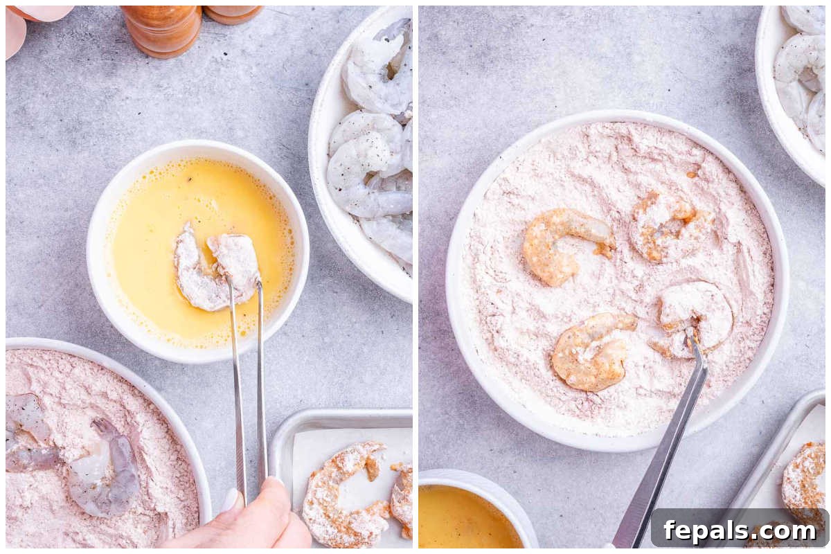 A process shot showing raw shrimp being coated in a flour mixture.