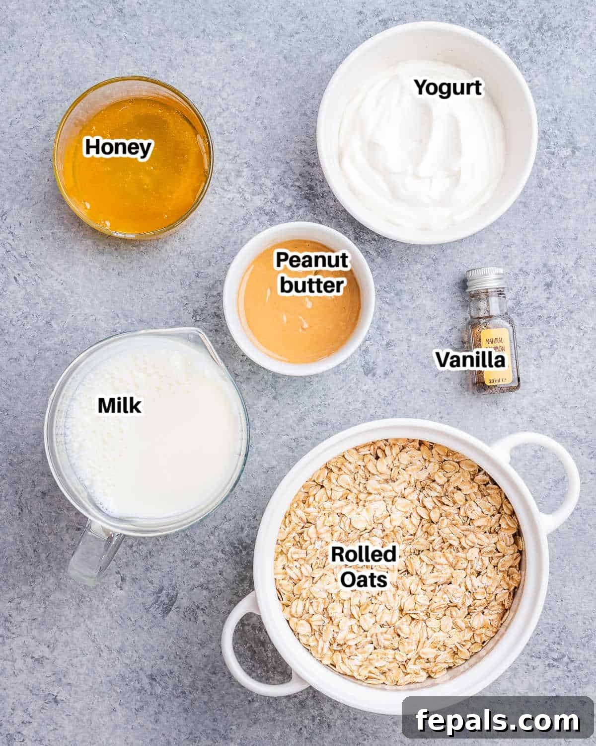 Smooth Overnight Oats 3 A flat lay image showing all the fresh ingredients required to make delicious blended overnight oats.