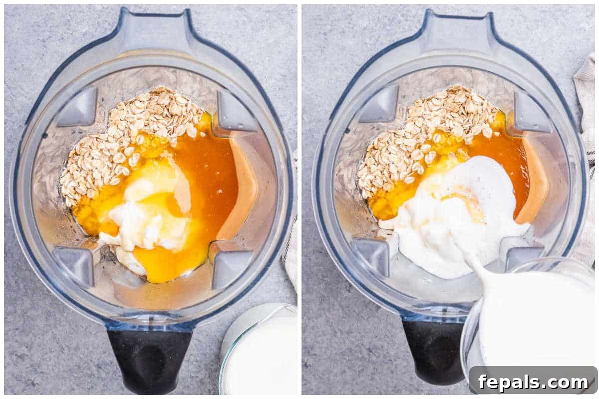 Smooth Overnight Oats 4 Process shot showing all the main ingredients being added to a blender jug to make blended overnight oats.