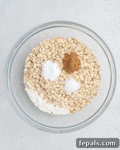 oats, flour, and seasoning added to a bowl.