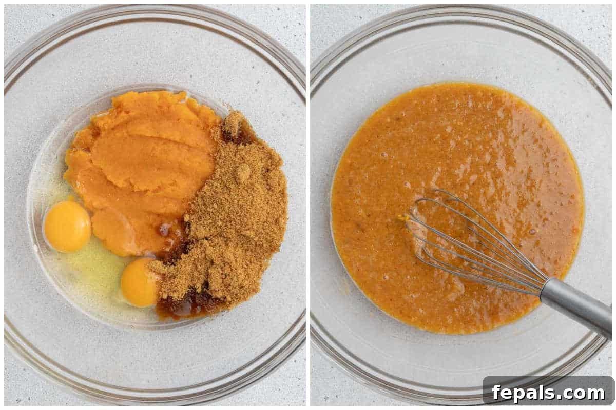 Process shot: Sweet potato, egg, oil, sugar, and vanilla extract are mixed together in a bowl, creating a smooth, wet batter for the cookies.