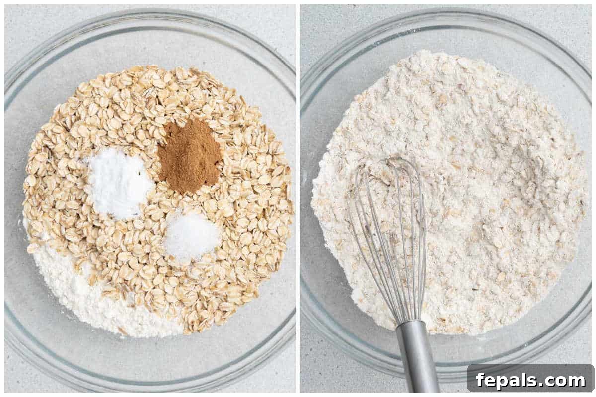 Process shot: Dry ingredients including flour, rolled oats, baking soda, salt, and cinnamon are thoroughly mixed in a separate bowl.