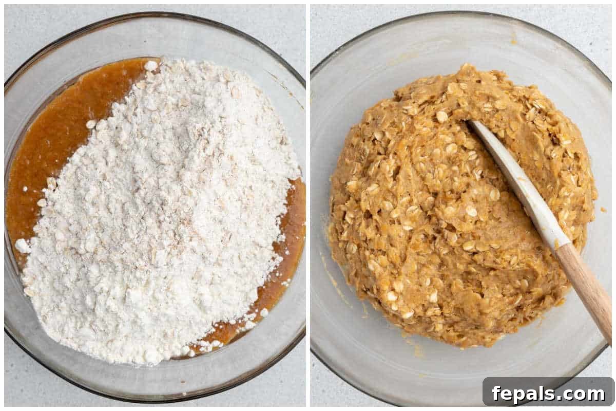 Process shot: The dry flour mixture is added to the wet sweet potato mixture, then chocolate chips are gently folded in to create the cookie dough.