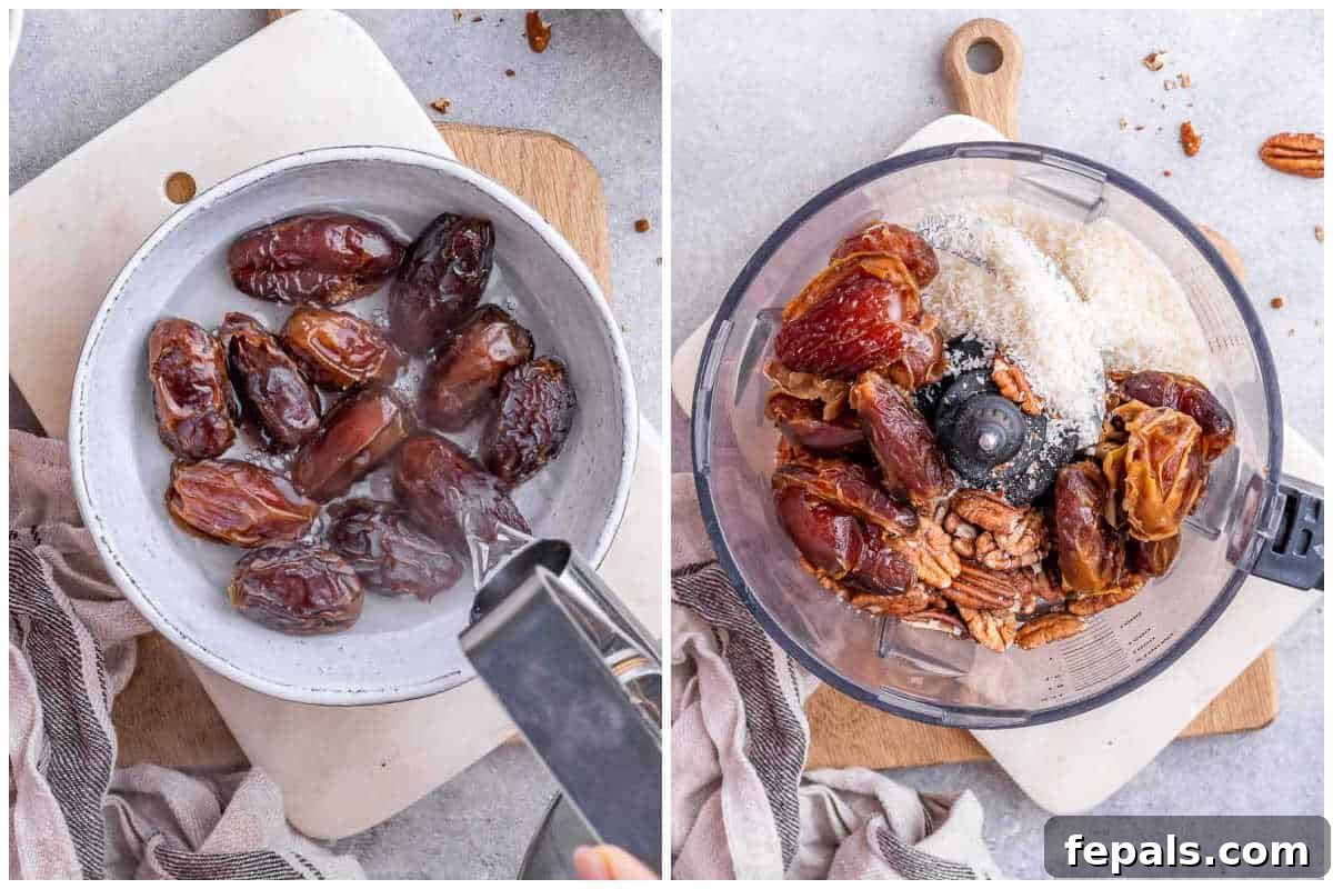 Process shot showing pitted dates soaking in hot water and other ingredients in a food processor.