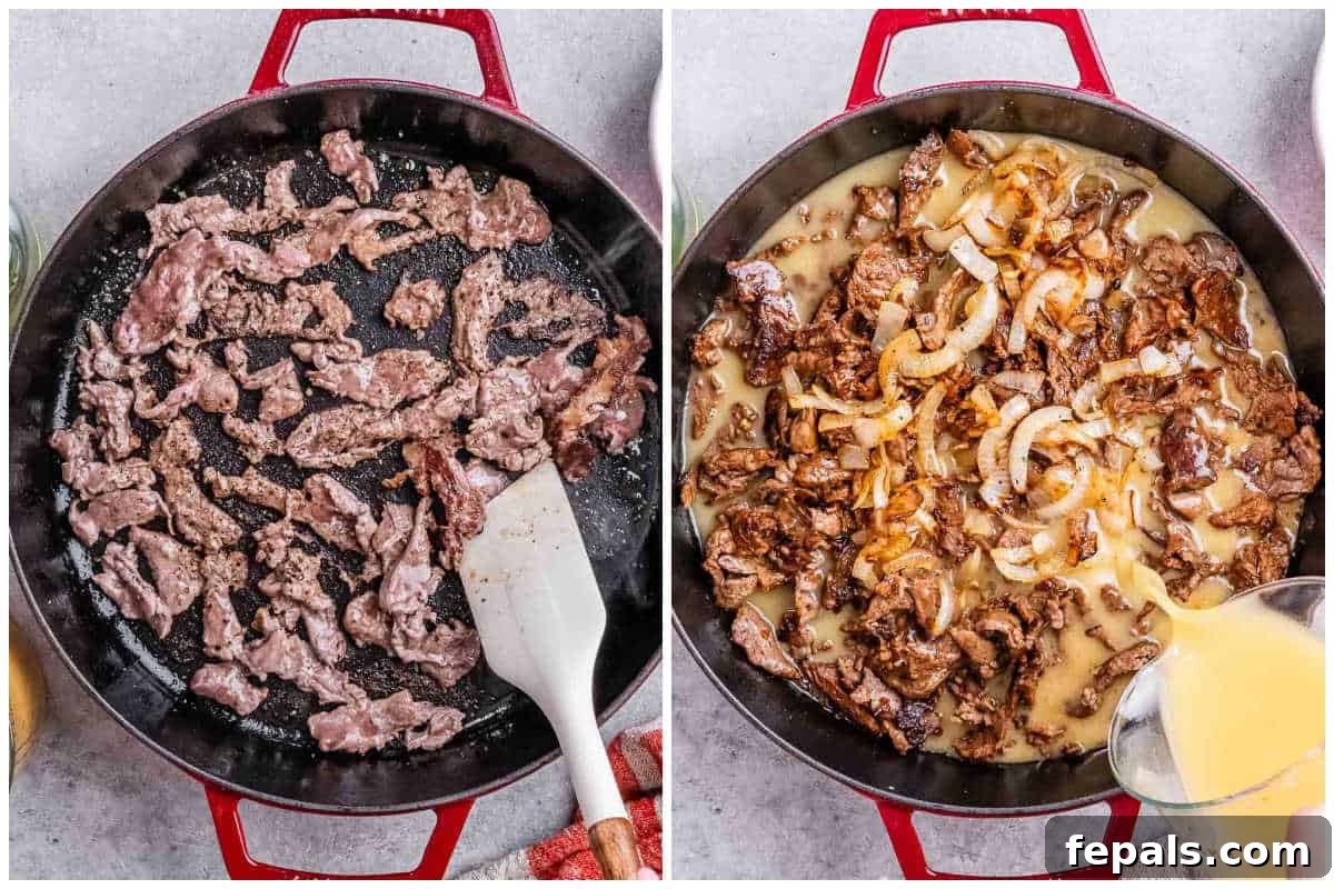 Loaded Philly Cheesesteak Pasta 5 Process shot to sear the beef and add the broth over the beef in a red pan.