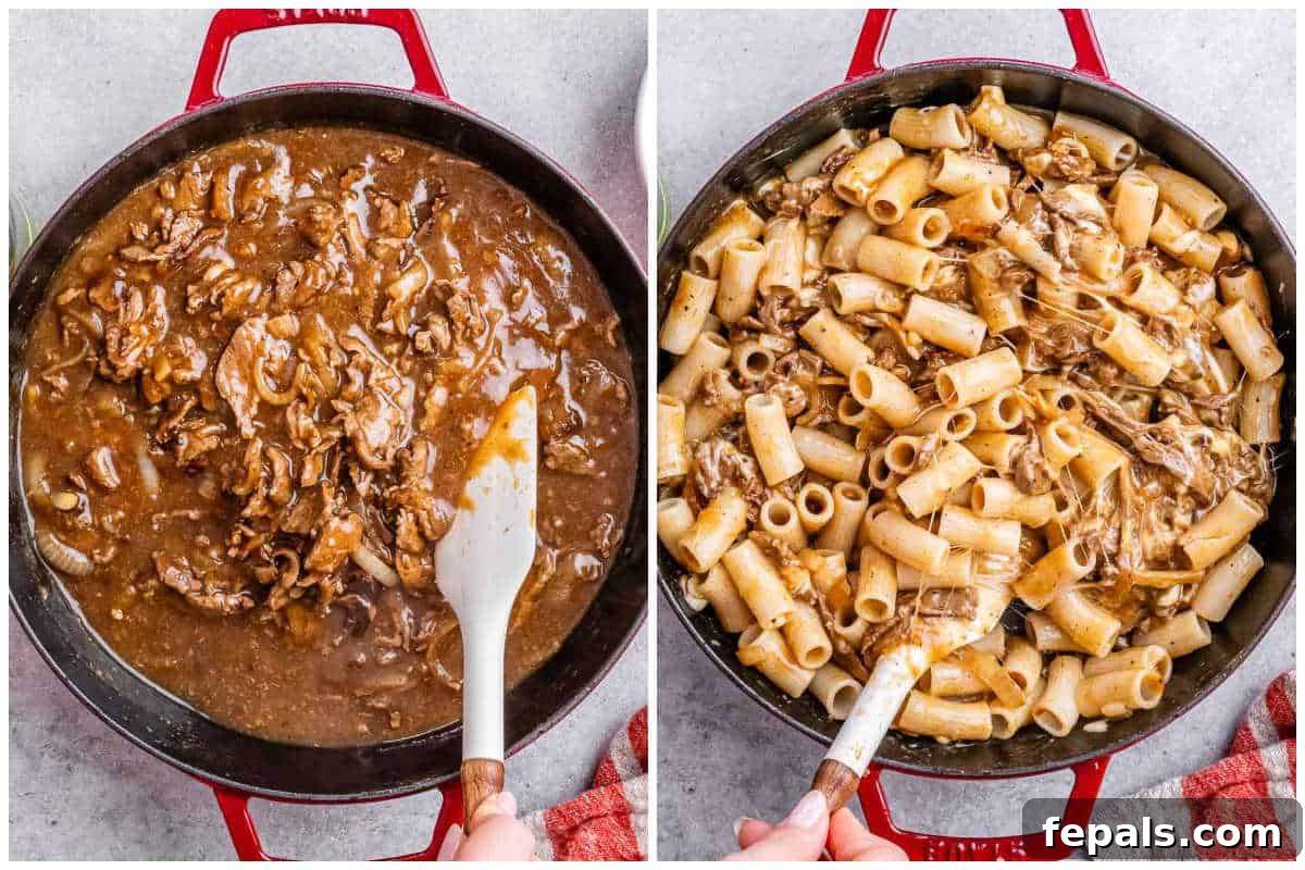 Loaded Philly Cheesesteak Pasta 6 Process shot to cook the beef in sauce, adding pasta with beef sauce in a red skillet.