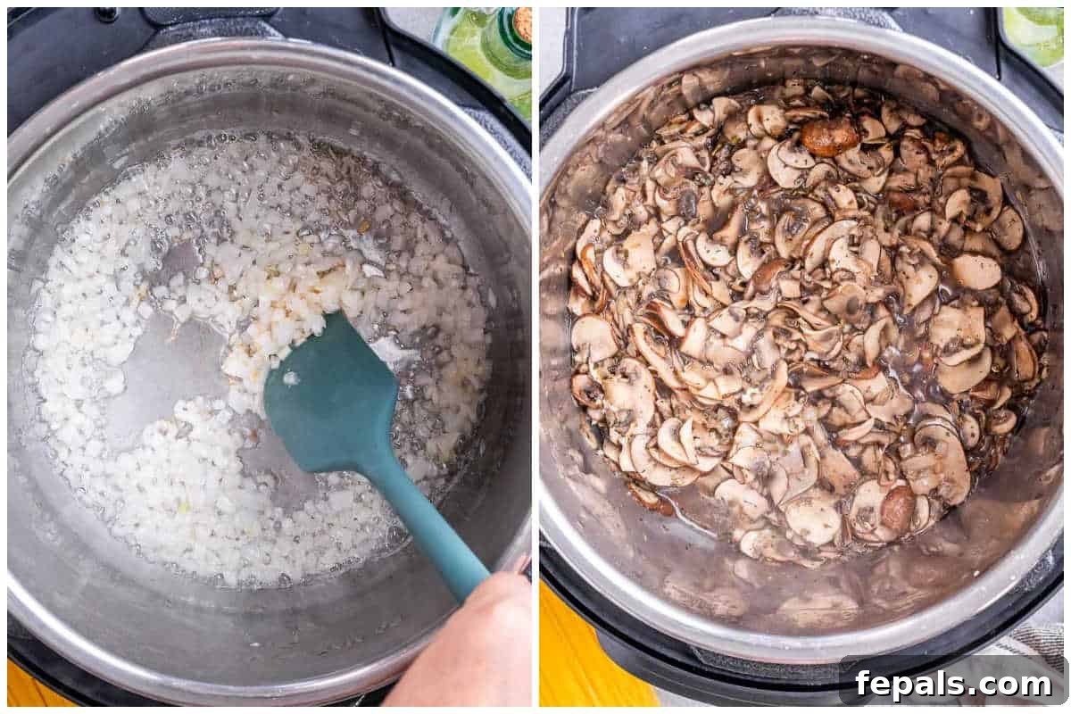 Effortless Instant Pot Spaghetti 4 Process shot showing sliced onions and mushrooms sautéing in an Instant Pot with olive oil.
